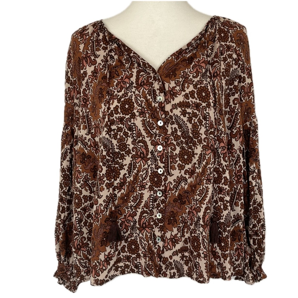 VICI Chocolate Browns Dark Floral Peasant Top Sz L Boho Chic Romantic Bishop